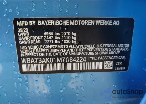 2021 BMW 228I Gran Coupe xDrive z USA, uszkodzony, nr VIN WBA73AK01M7G84224